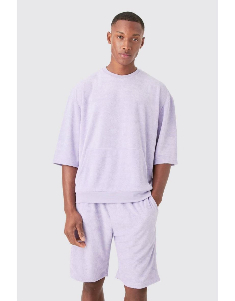 Short Sleeve Oversized Boxy Towelling Sweat Short Tracksuit - lilac - 2