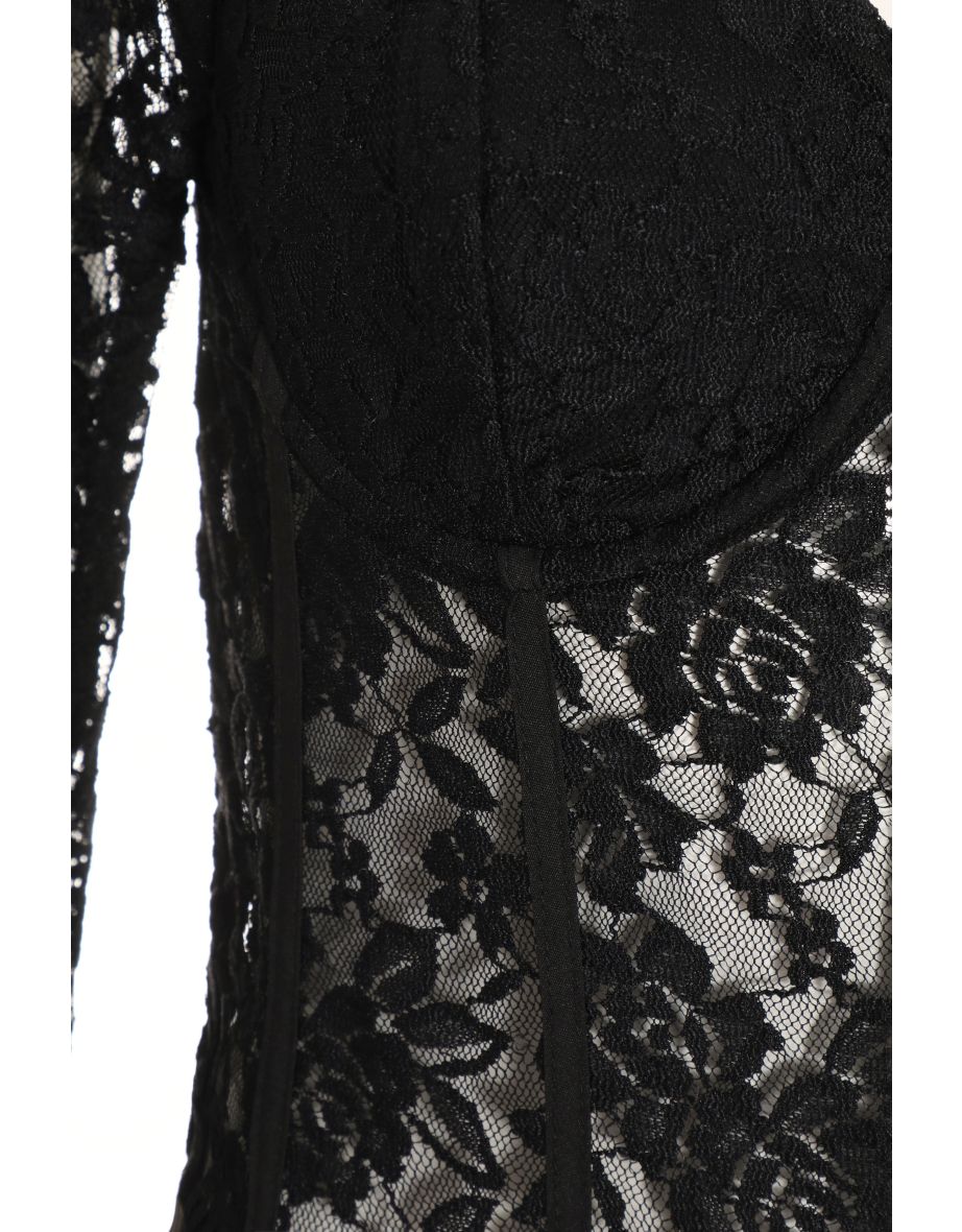 Black Lace Corset Long Sleeve Bodysuit - 4
