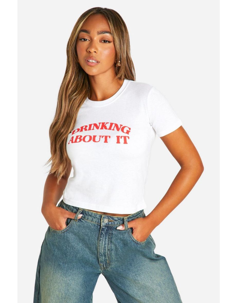 Drinking About It Slogan Baby Tee - white