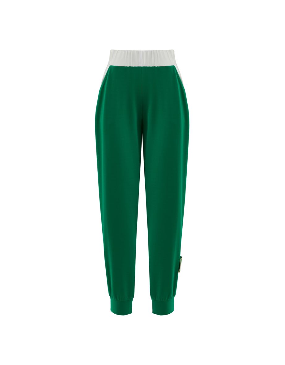 Tag Detailed Contrast Colored Green Tracksuit Bottoms