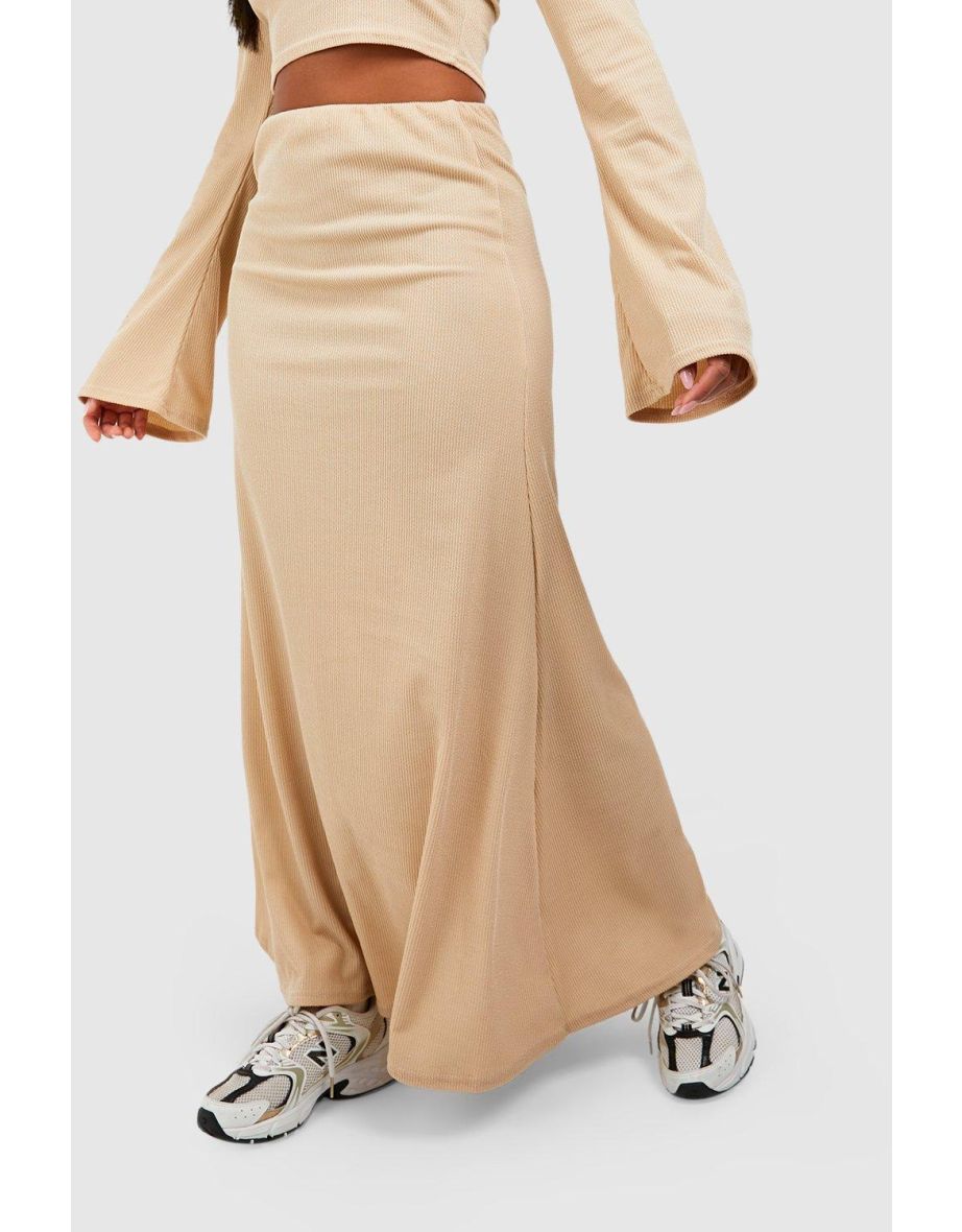 Ribbed Flared Hem Maxi Skirt - soft beige - 3