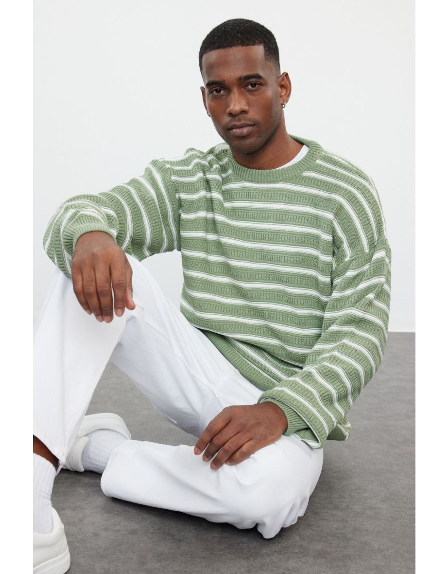 Light Green Oversize Crew Neck Striped Knitwear Sweater - 3