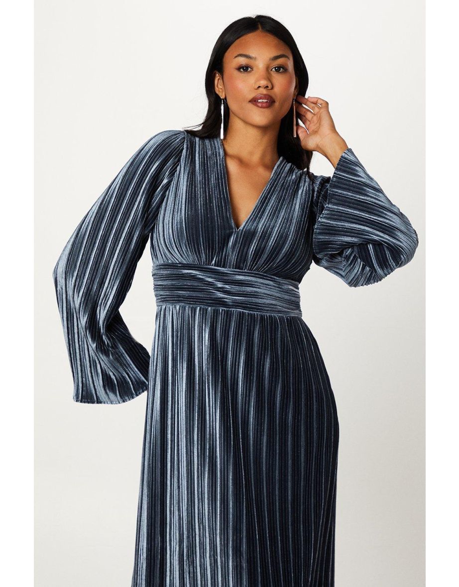 Pleated Velvet Long Sleeve Pencil Dress - 3