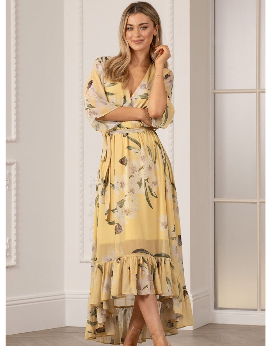 Yumi Floral Print Kimono Yellow Midi Wrap Dress