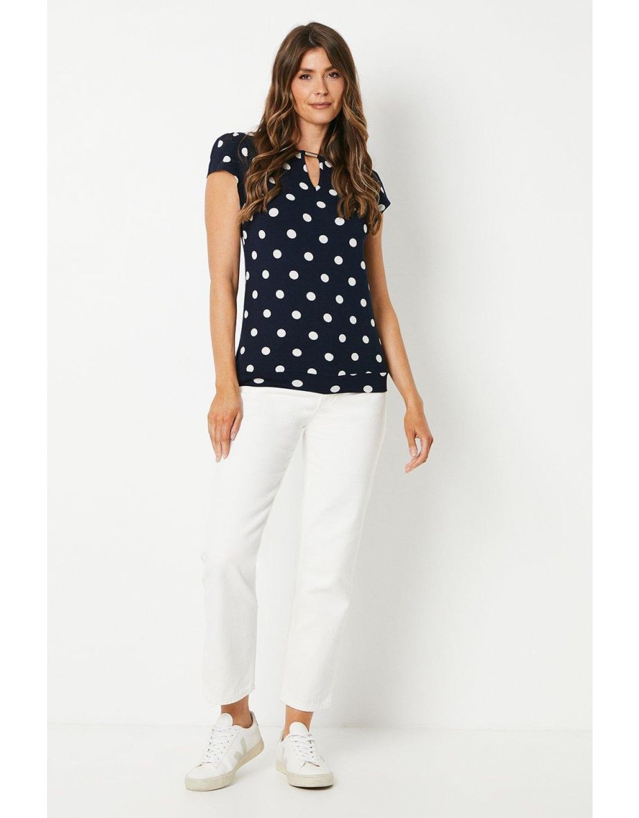 Navy Spot Jersey Flutter Sleeve Keyhole Bubble Hem Top