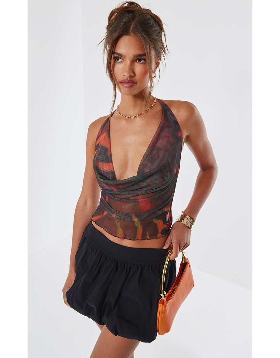 Multi Abstract Mesh Cowl Halterneck Crop Top