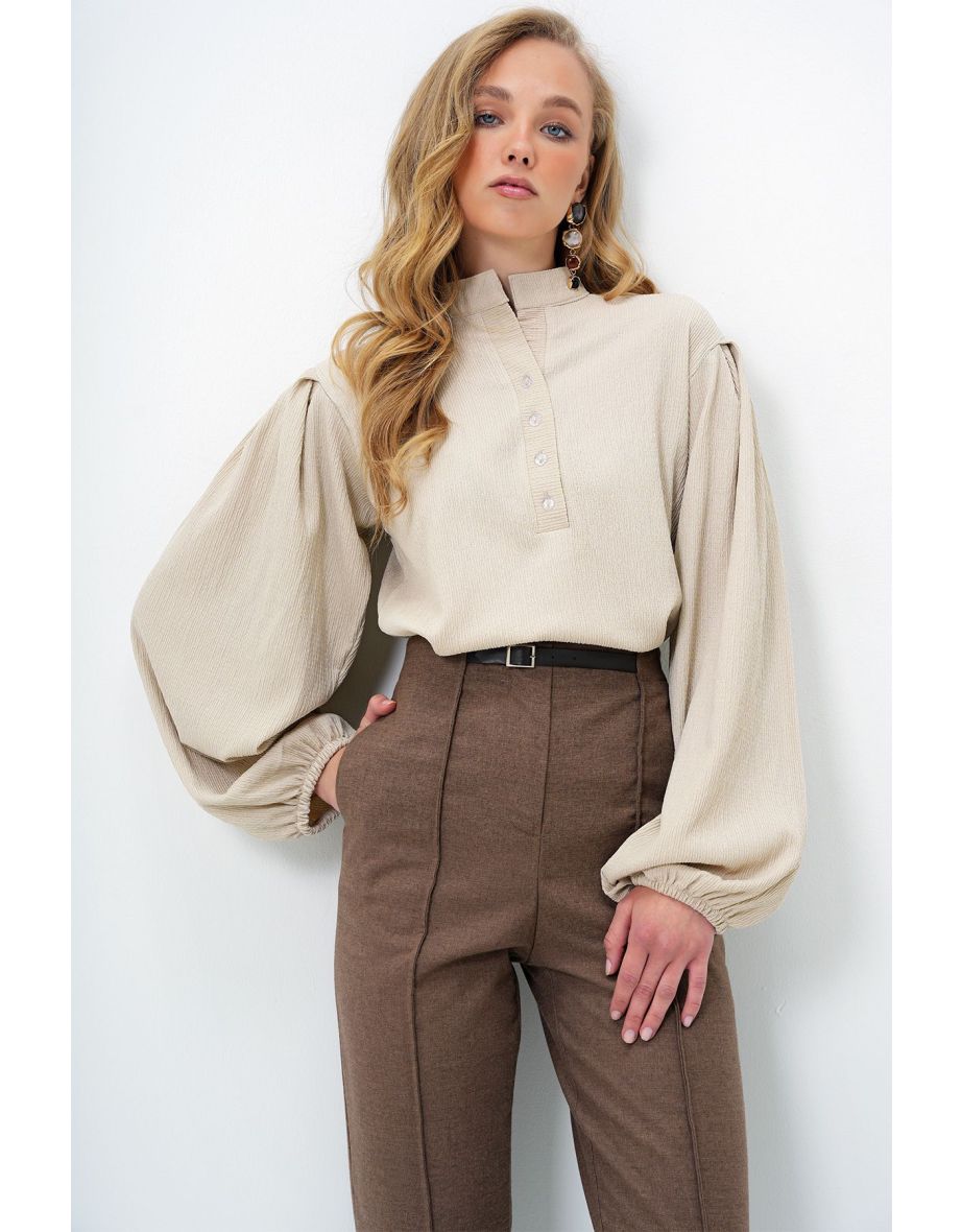 Women's Beige Judge Collar Front Buttoned Balloon Sleeve Textured Shirt Blouse