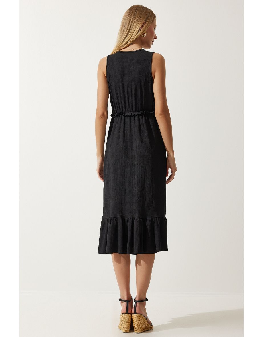 Women's Black Deep V Neck Thick Straps Knitted Dress - 7