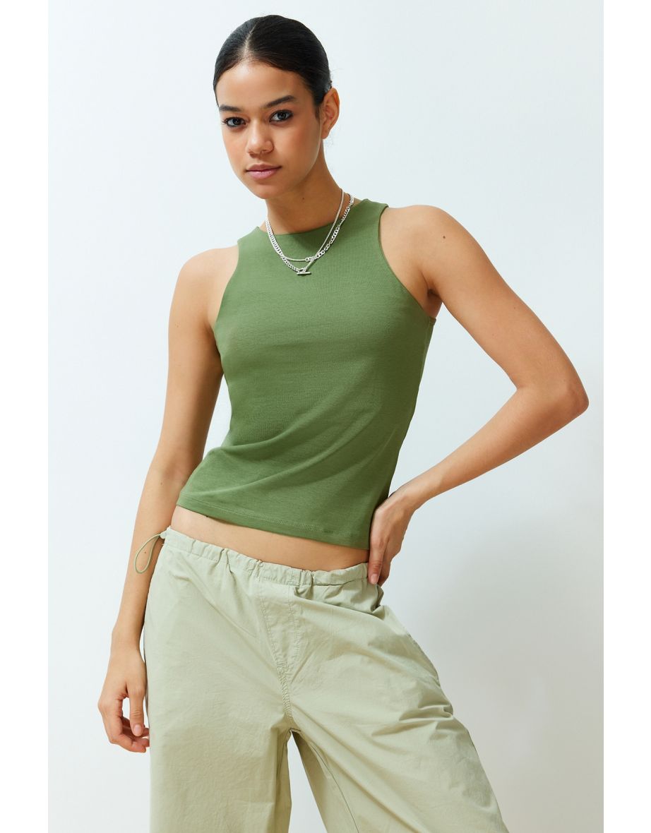 Khaki Faded/Faded Effect Cotton Halter Neck Fitted Elastic Knitted Undershirt