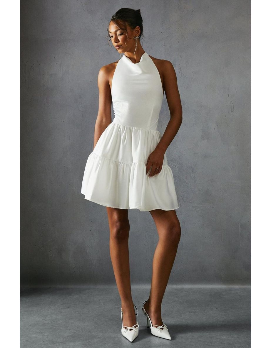 Satin Cowl Halter Neck Layered Mini Dress