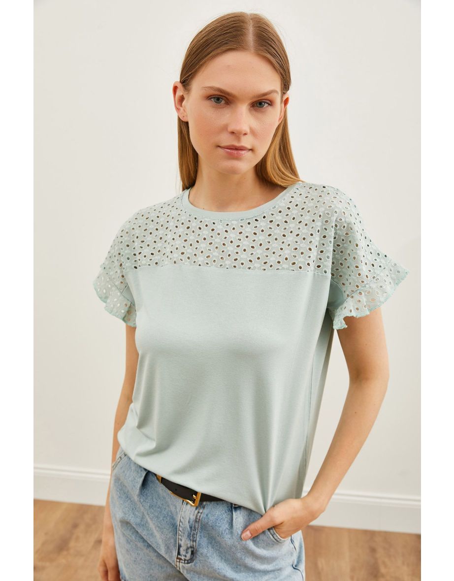 Women's Water Green Top Scallop Sleeve Flounce T-Shirt - 4
