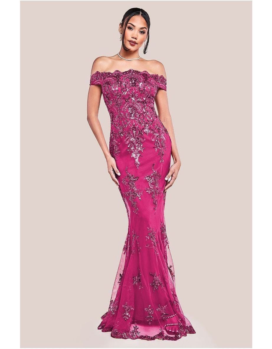 Goddiva Bardot Sequin Embroidered Maxi Dress - Magenta