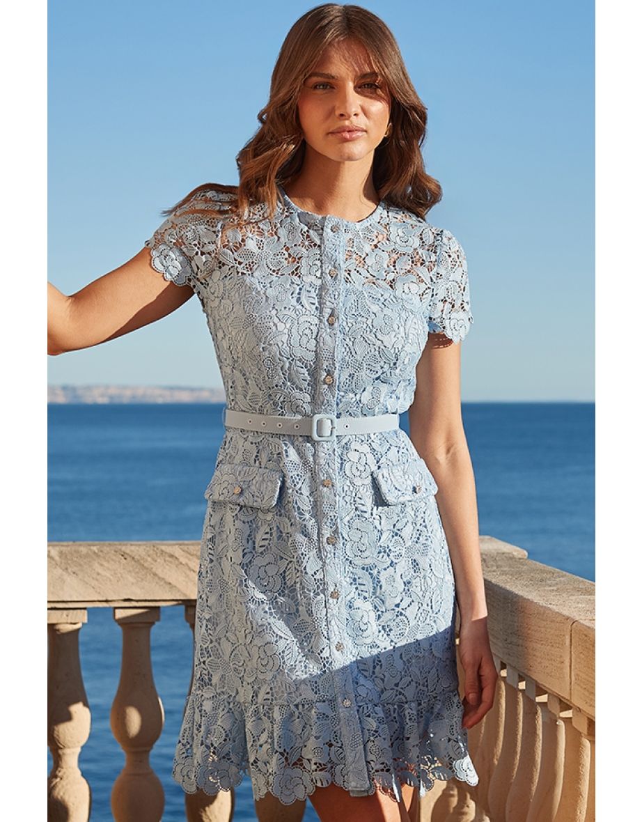 Blue Lace Ruffle Hem Dress With Embellished Buttons