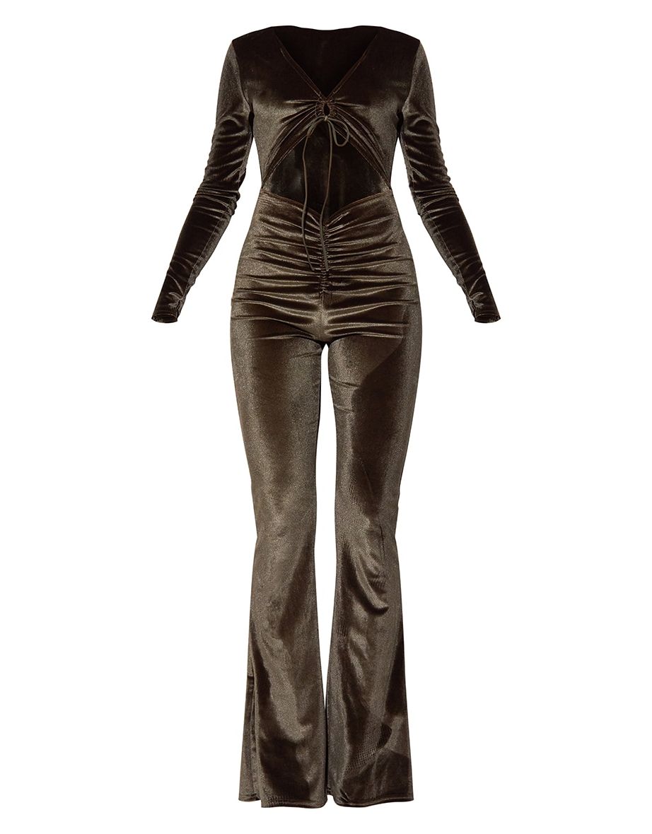 Olive Velvet Ruched Tie Detail Jumpsuit - 4