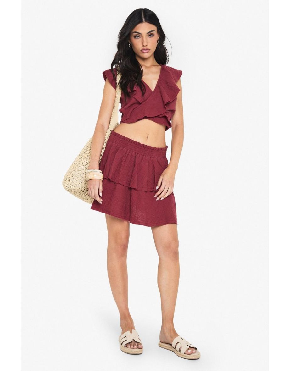 Cheesecloth Ruffle Wrap Crop Top - red