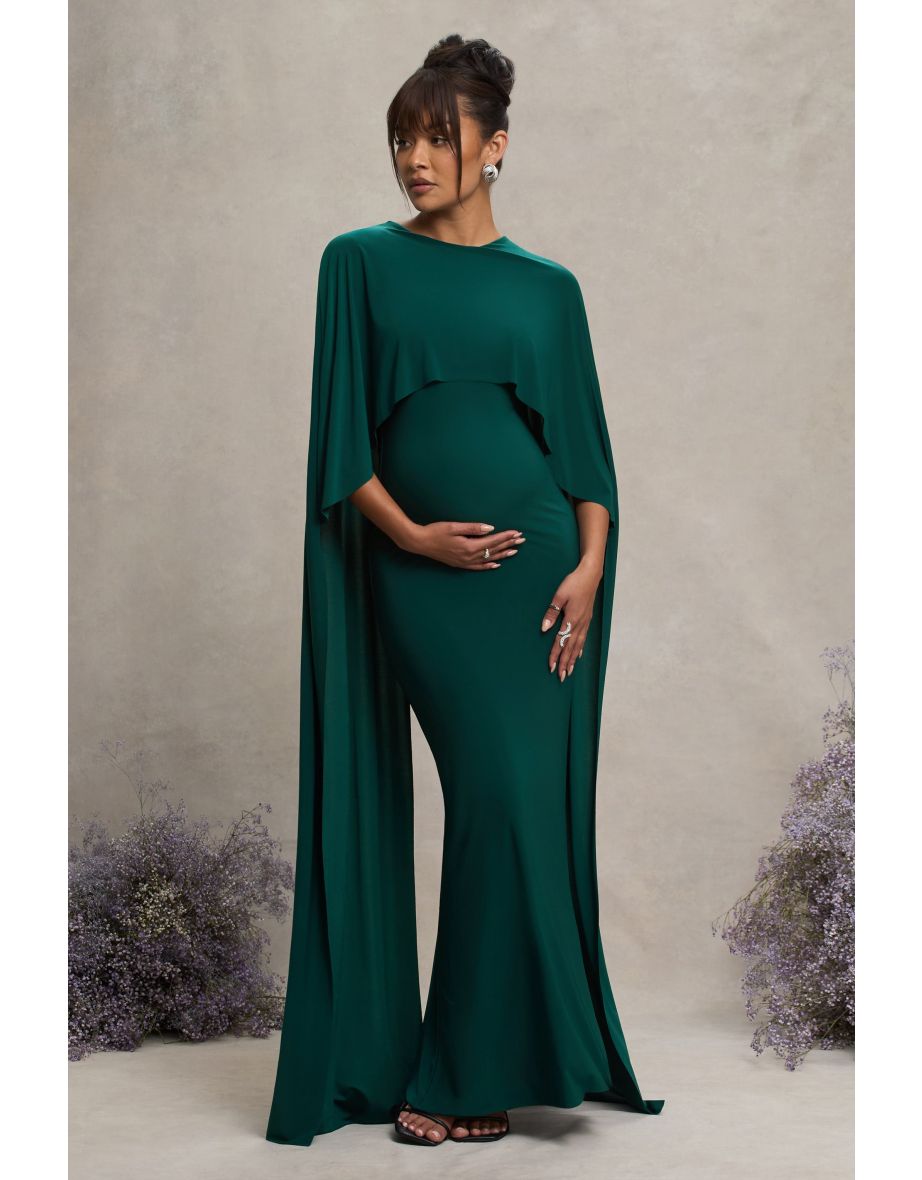 Padma | Bottle Green Draped Maternity Maxi Dress With Cape Sleeves