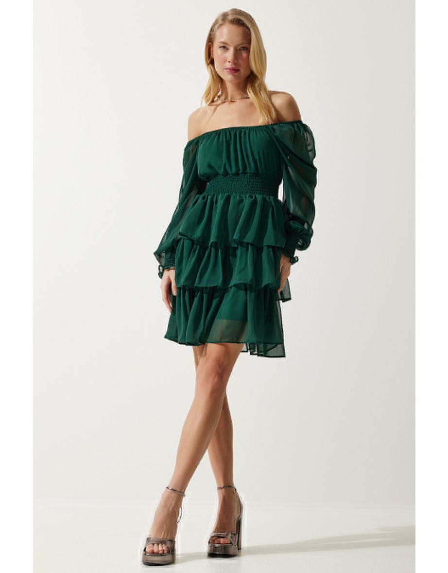 Women's Emerald Green Flounce Chiffon Dress