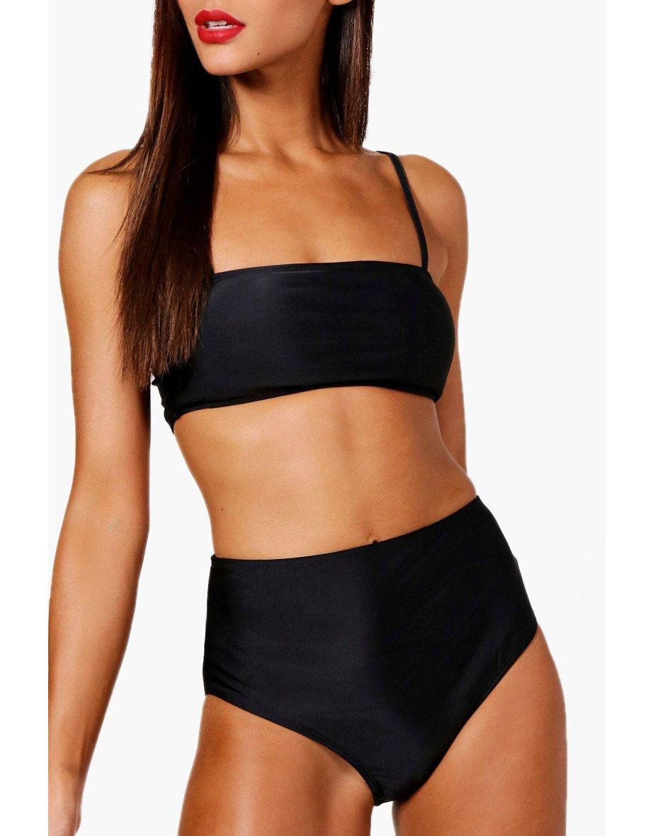 Petite Bandeau Strappy High Waisted Bikini - black - 3