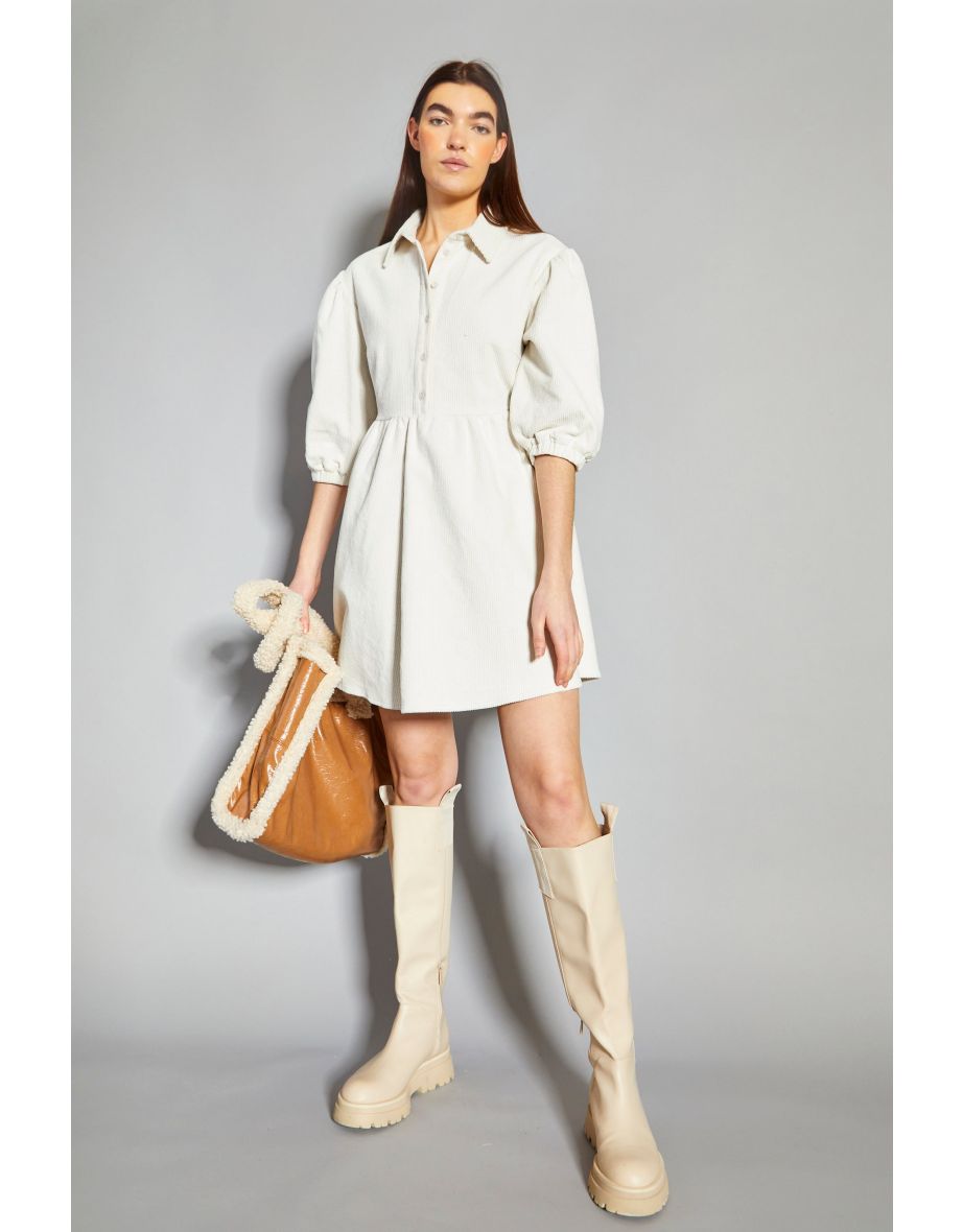 Glamorous Cream Corduroy Puff Sleeve Skater Shirt Dress