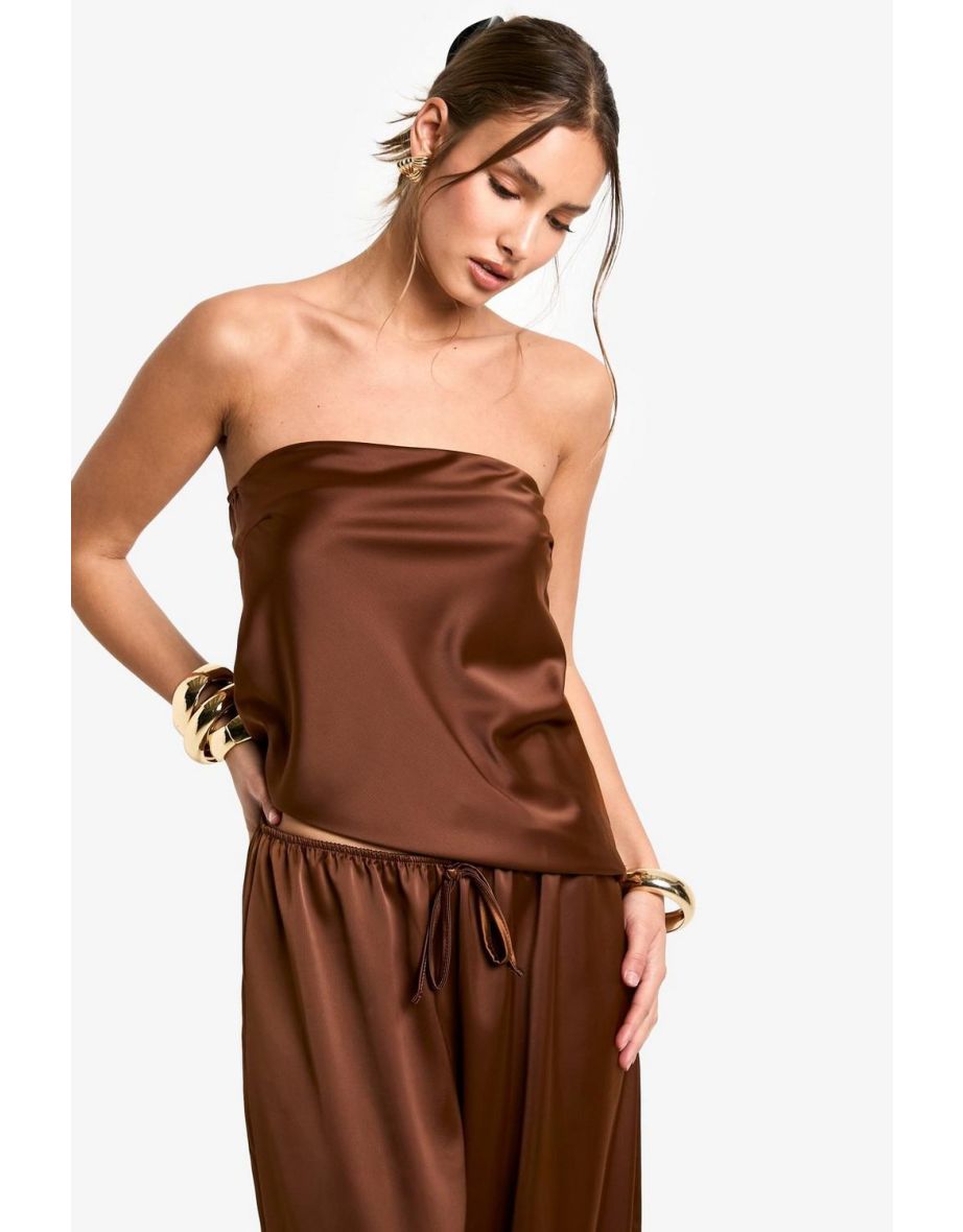 SATIN LONGLINE BANDEAU & DRAWSTRING WAIST WIDE LEG TROUSER SET - chocolate - 3