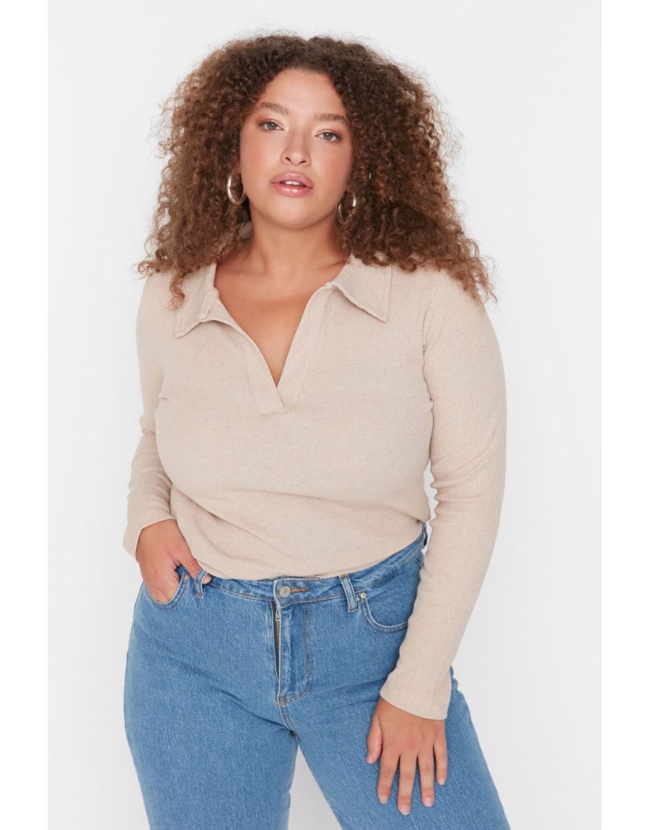 Beige Fitted Ribbed Shirt Collar Snap Snap Knitted Bodysuit