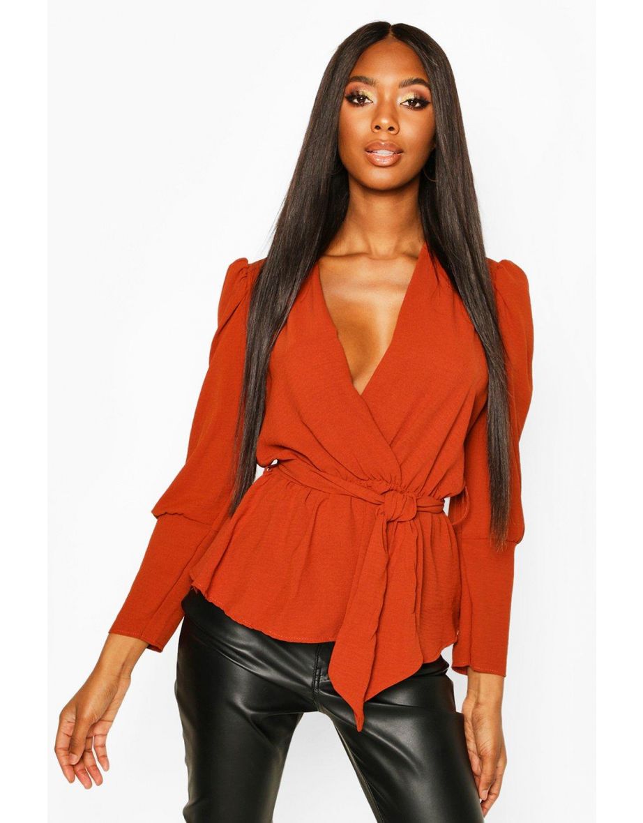 Puff Sleeve Wrap Blouse - stone - 3