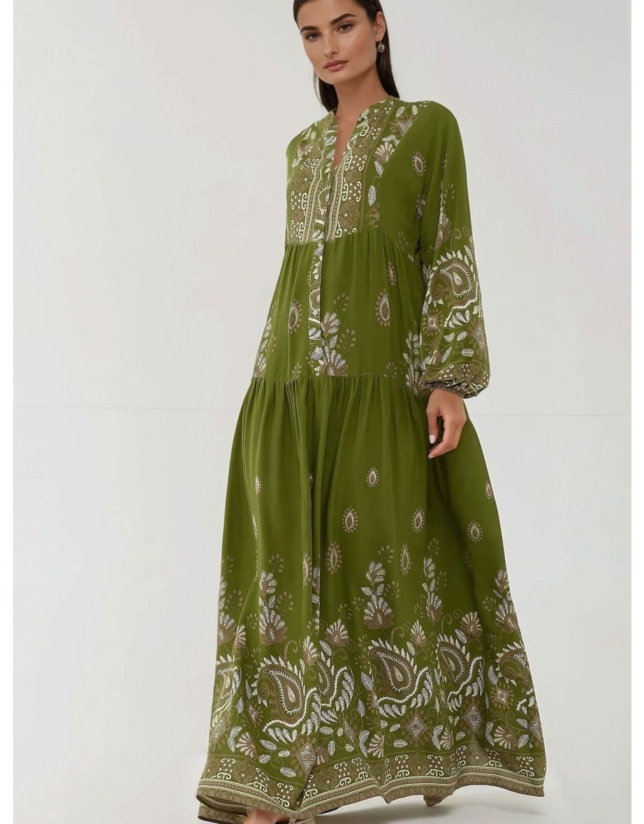 Printed Long Sleeve Viscose Maxi Dress