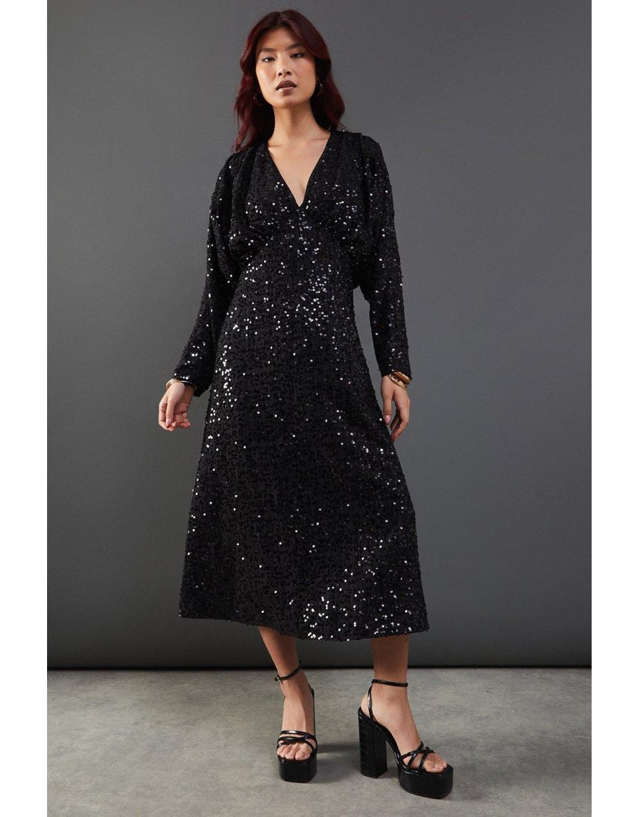 Sequin Crinkle Batwing Plunge Neck Midaxi Dress