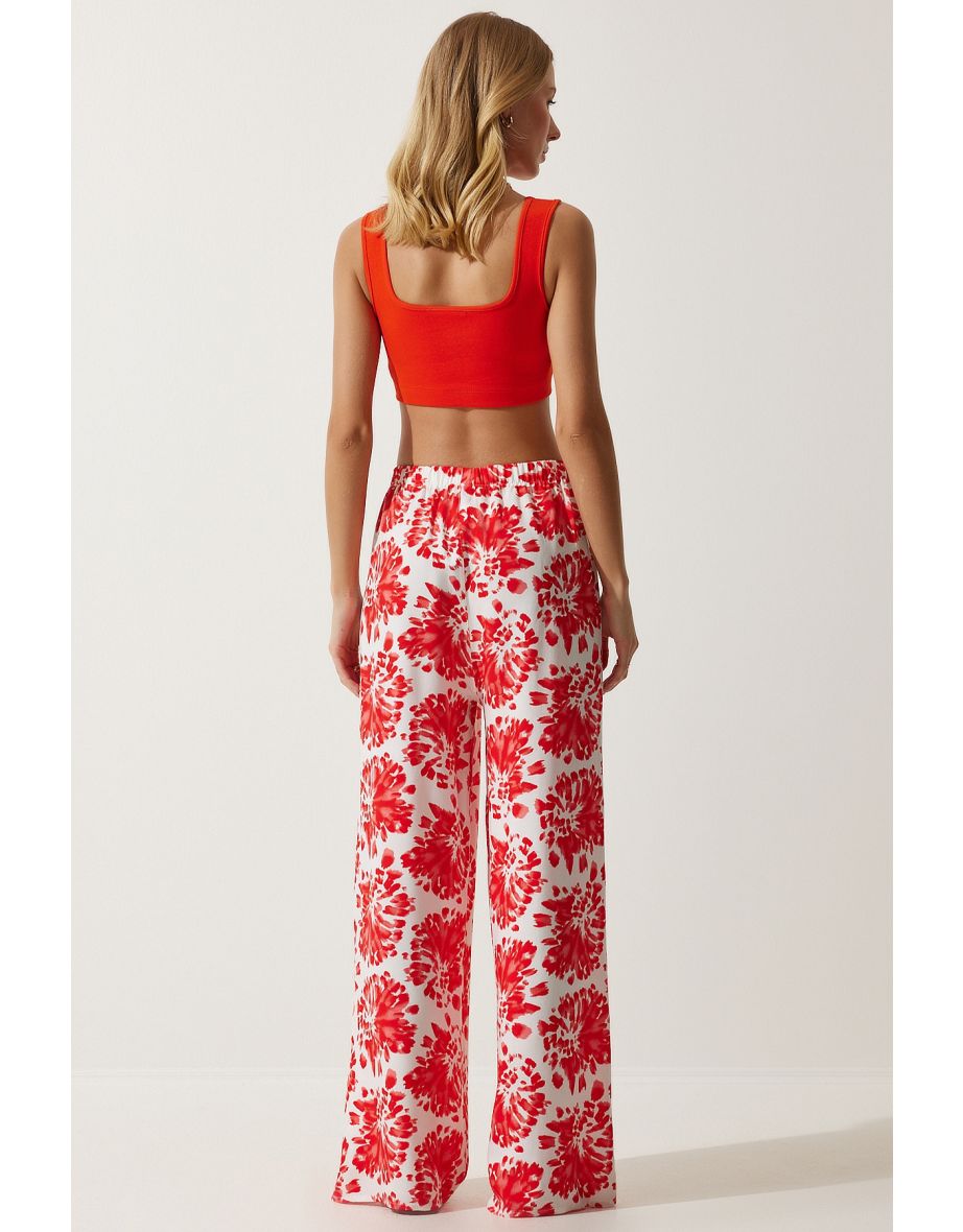 Women Ecru Red High Waist Summer Wide Viscose Trousers - 6