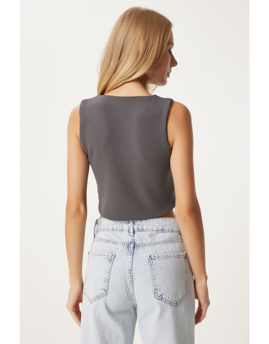 Women's Gray V Neck Lycra Crop Knit Vest - 3