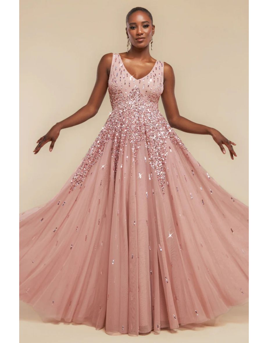 Goddiva Sunray Sequin A-Line Sleeveless Maxi Dress - Blush Pink