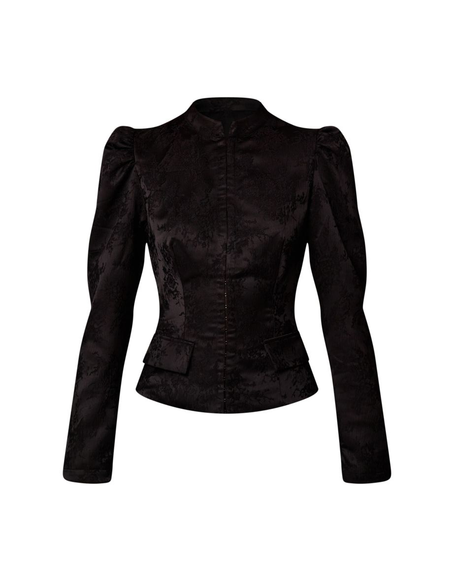 Black Lace High Neck Puff Sleeve Jacket - 4