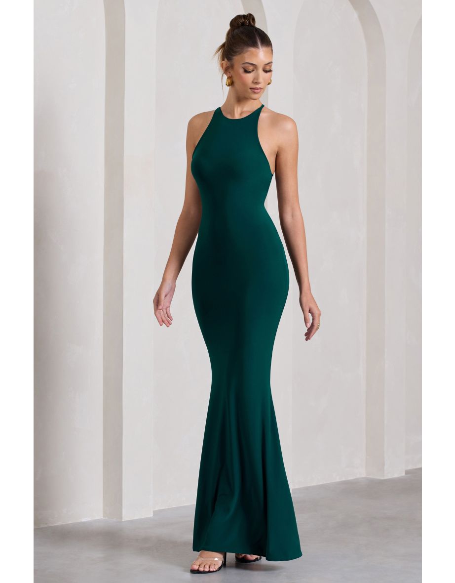 Brianna | Bottle Green Sleeveless Halter-Neck Open-Back Maxi Dress - 5