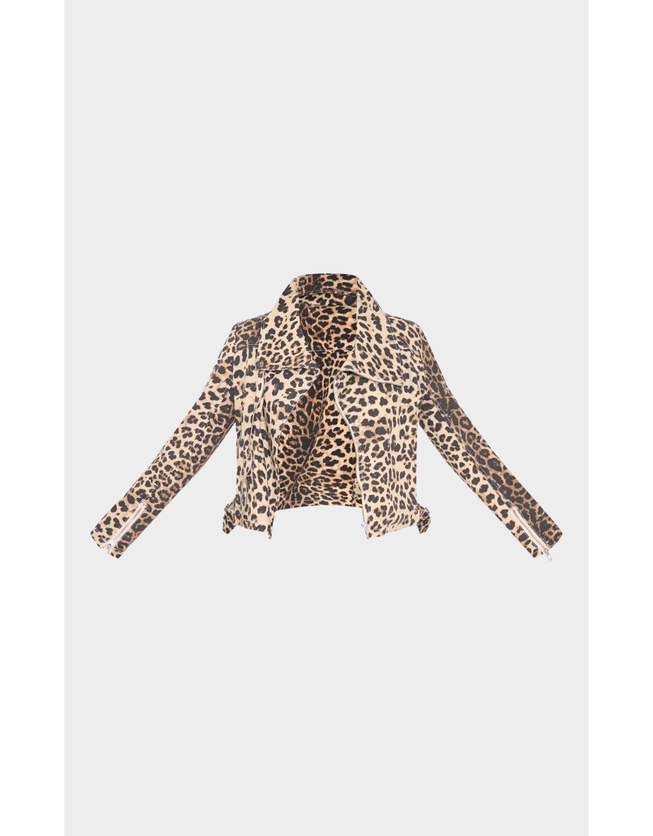 Light Brown Leopard Print Biker Style Denim Jacket - 4