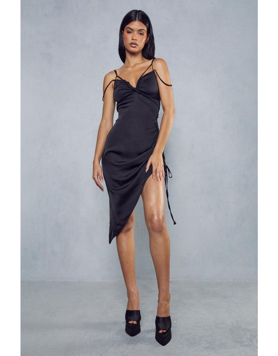 Tia Premium Satin Ruched Strappy Midi Dress