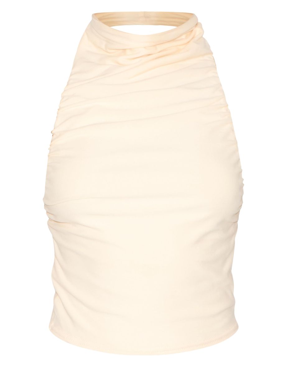 Butter Yellow Soft Touch Ruched Halter Crop Top - 4