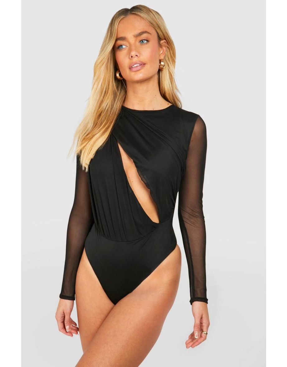 Ruched Mesh Cut Out Long Sleeve Bodysuit - 3