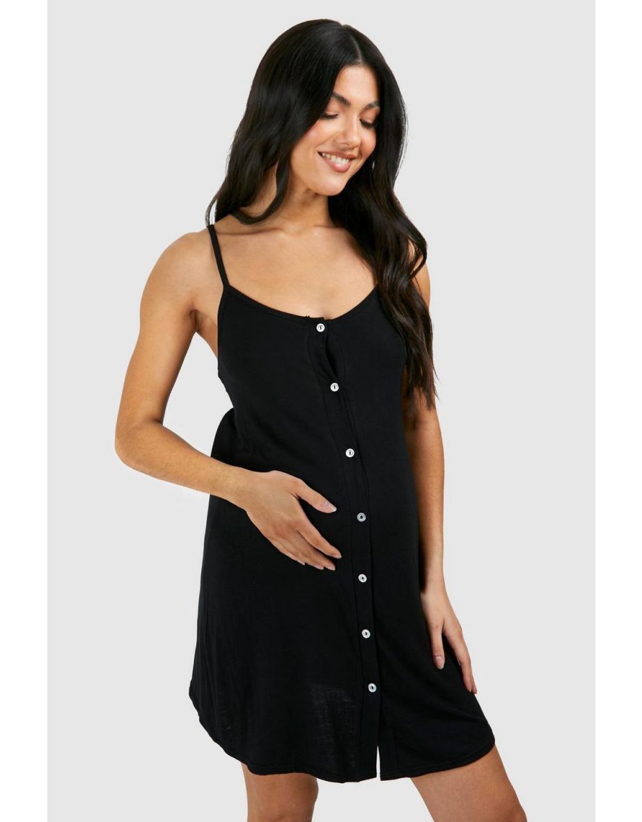 Maternity Button Down Strappy Nightie - black