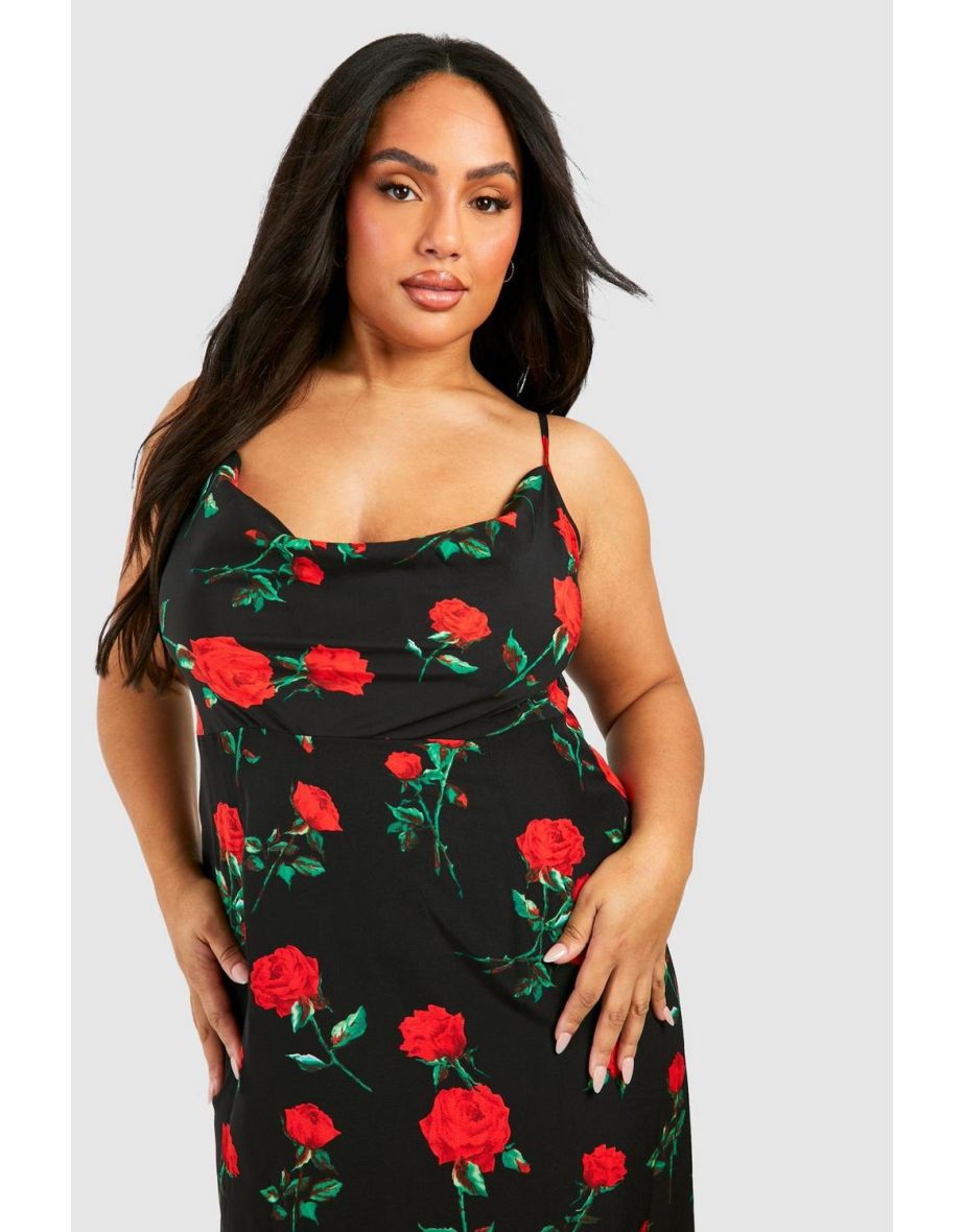 Plus Floral Printed Maxi Slip Dress - black - 3