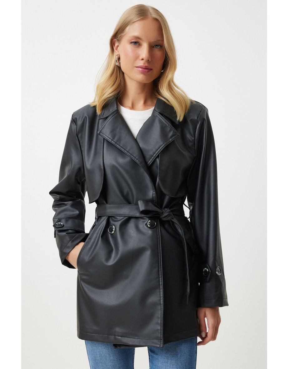 Women's Black Faux Leather Double Breasted Collar Short Trench Coat - 8