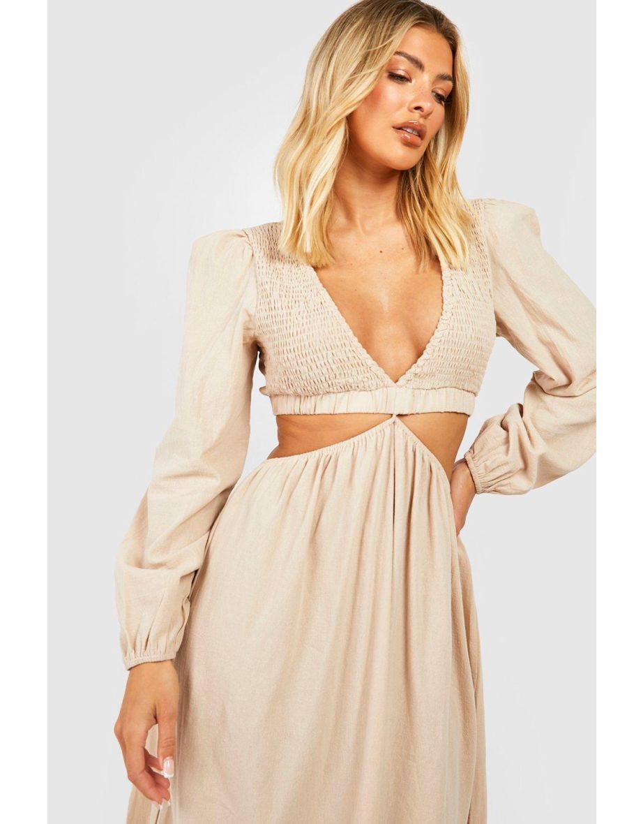 Linen Shirred Detail Cut Out Maxi Dress - stone - 3