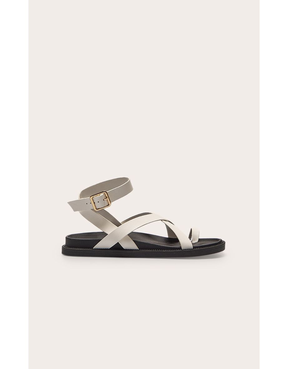 Cream Pu Round Toe Gold Toe Loop Strappy Footbed Sandals