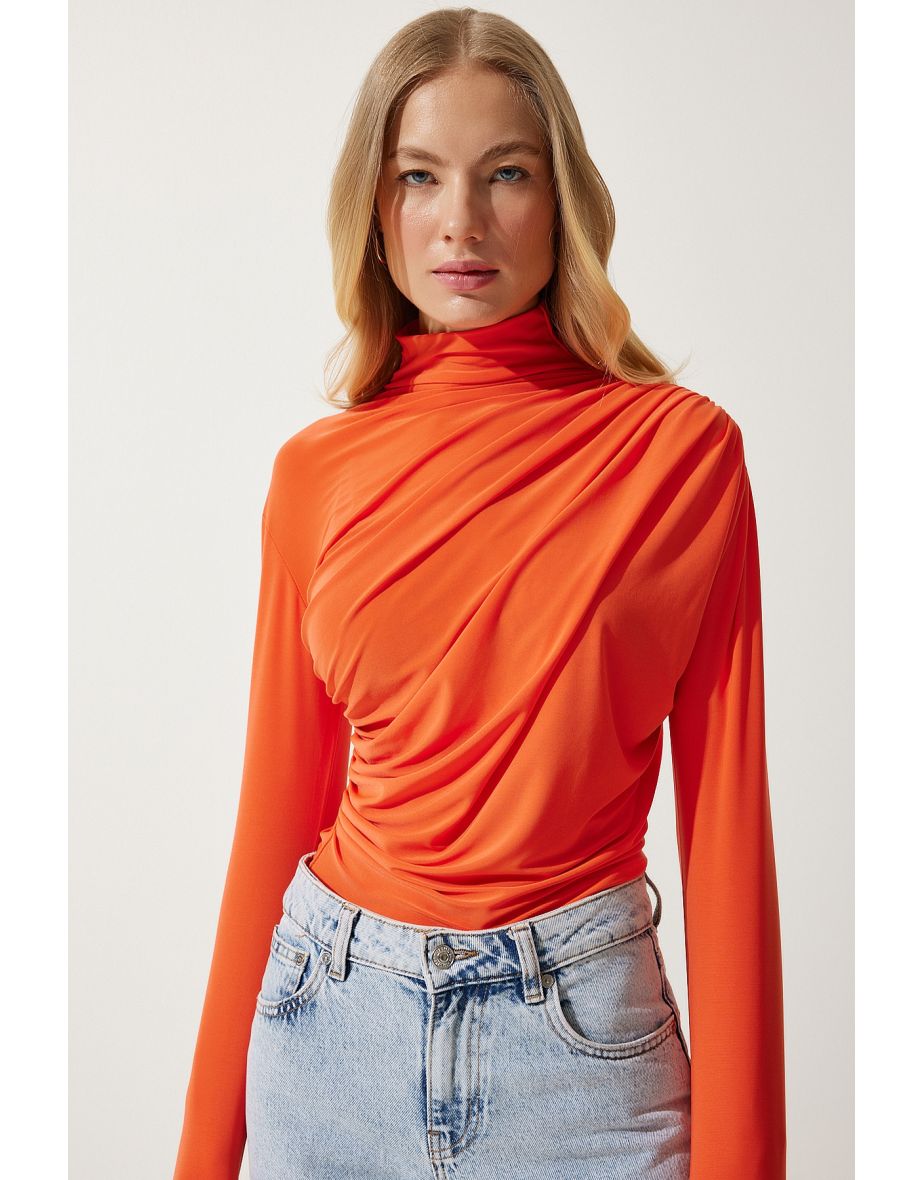 Women's Orange Gathered Detailed High Neck Sandy Blouse