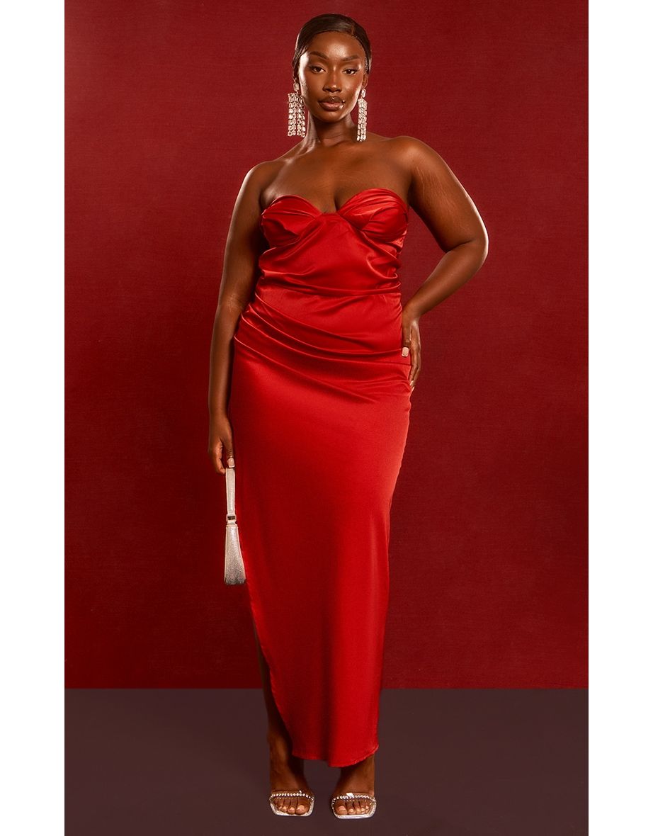 Shop Plus Red Satin Ruched Bust Side Split Maxi Dress Online in Oman VogaCloset