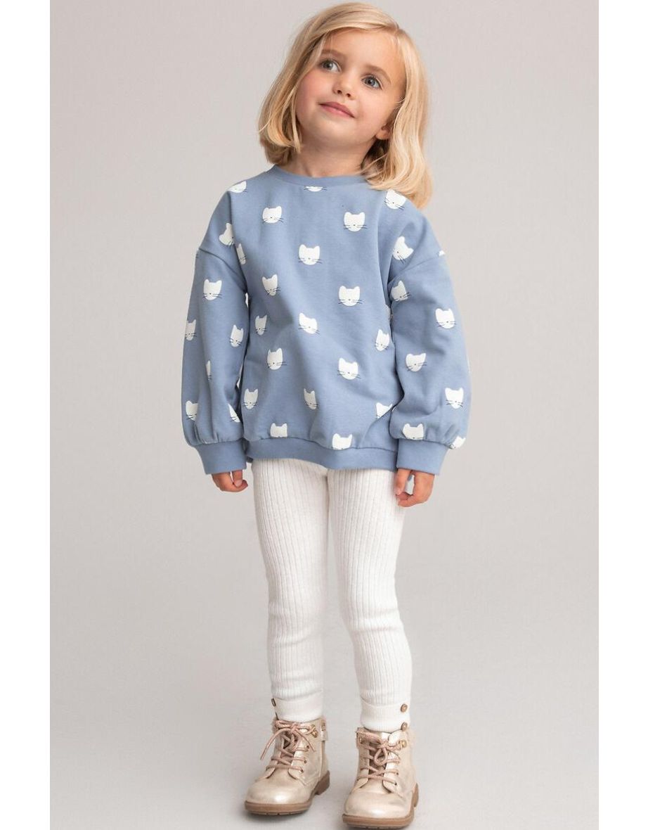 Cat Print Cotton Sweatshirt with Puff Sleeves and Crew Neck
