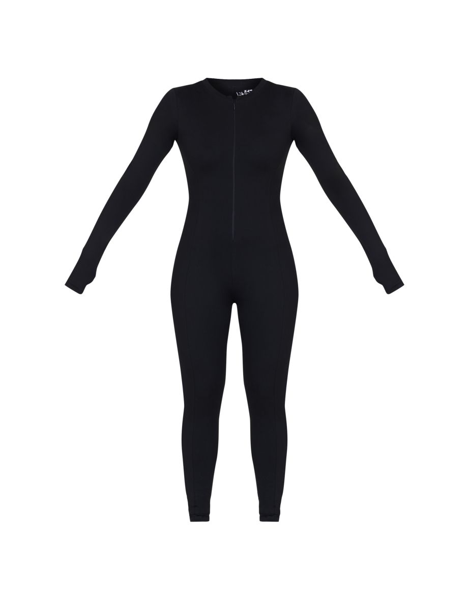 PRETTYLITTLETHING SKI Black Sculpt Seam Detail Zip Front Unitard - 4