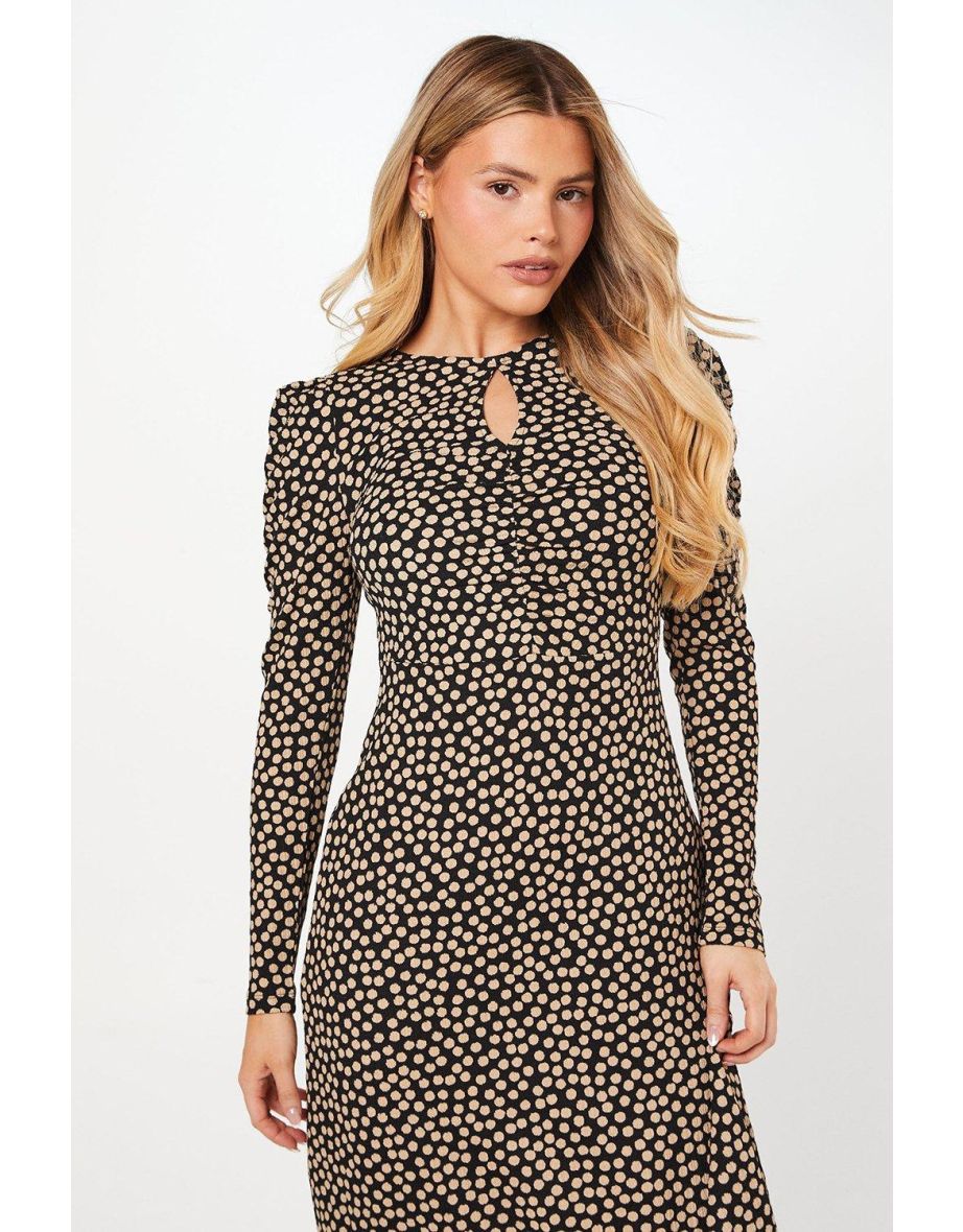 Camel Spot Ruched Front Keyhole Midi Dress - 3