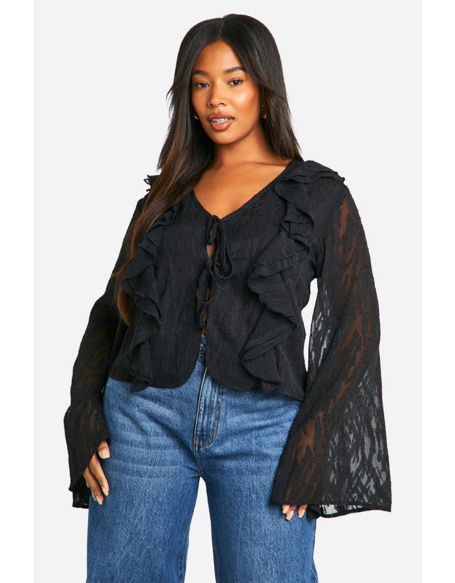 Shop Plus Burnout Animal Tie Front Ruffle Blouse black Online in Qatar VogaCloset