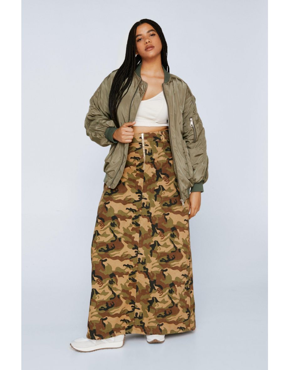 Plus Camo Printed Twill Cargo Maxi Skirt