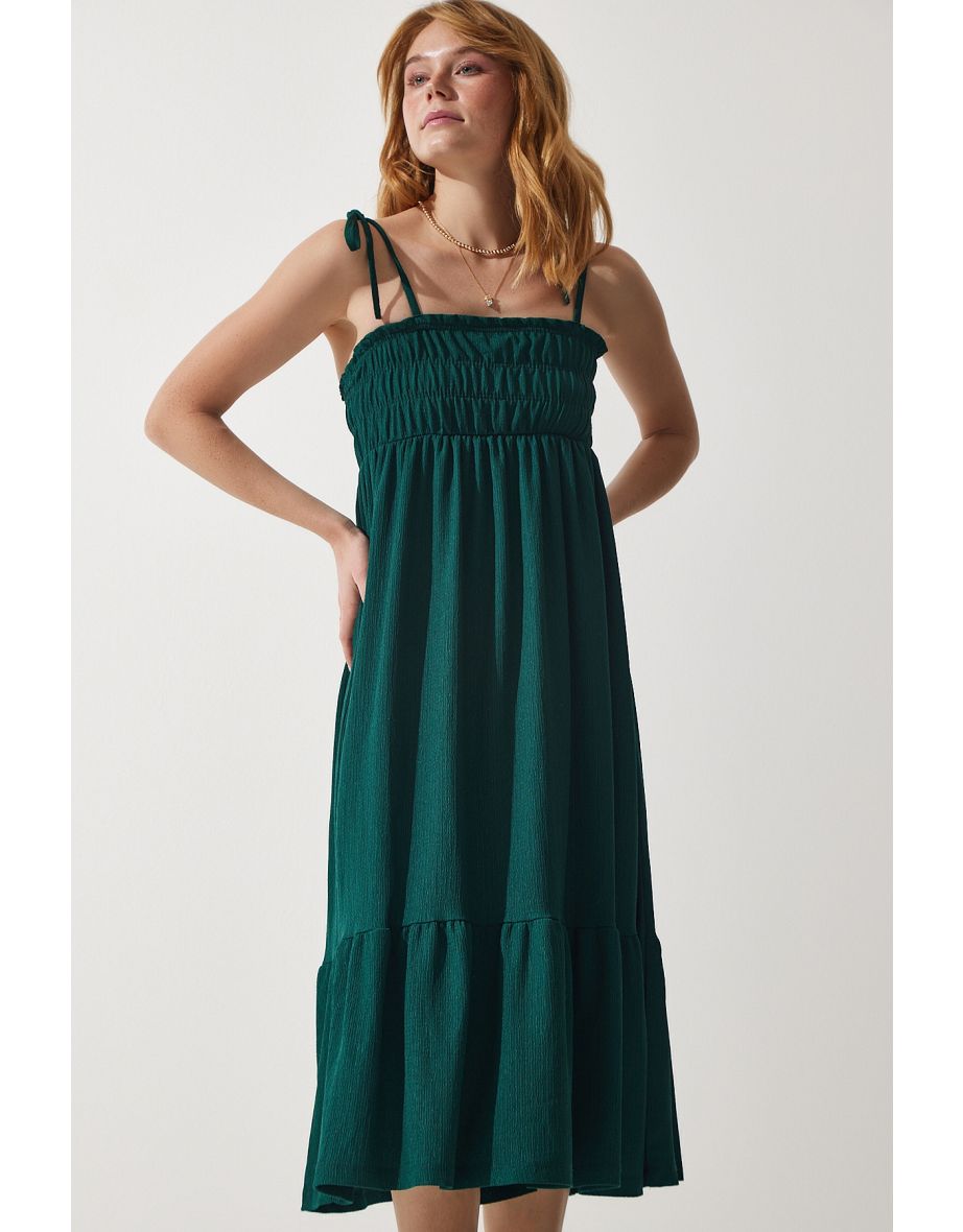 Women's Emerald Green Strappy Crinkle Summer Knitted Dress